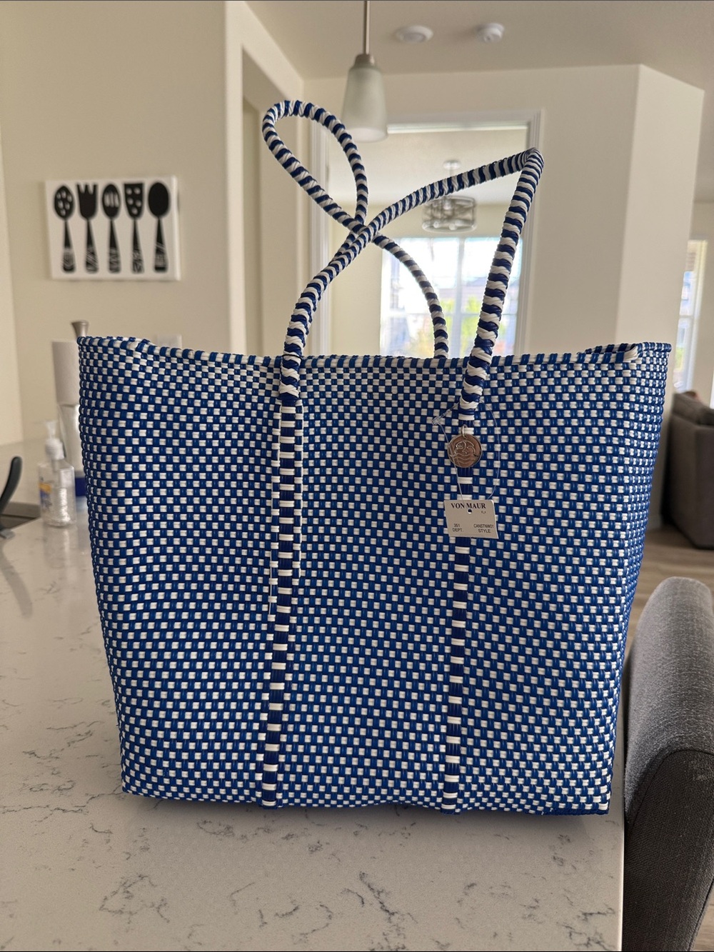 Canela Weaved Handcrafted Blue & White Weaved Tote Bag NEW - Picture 2 of 9